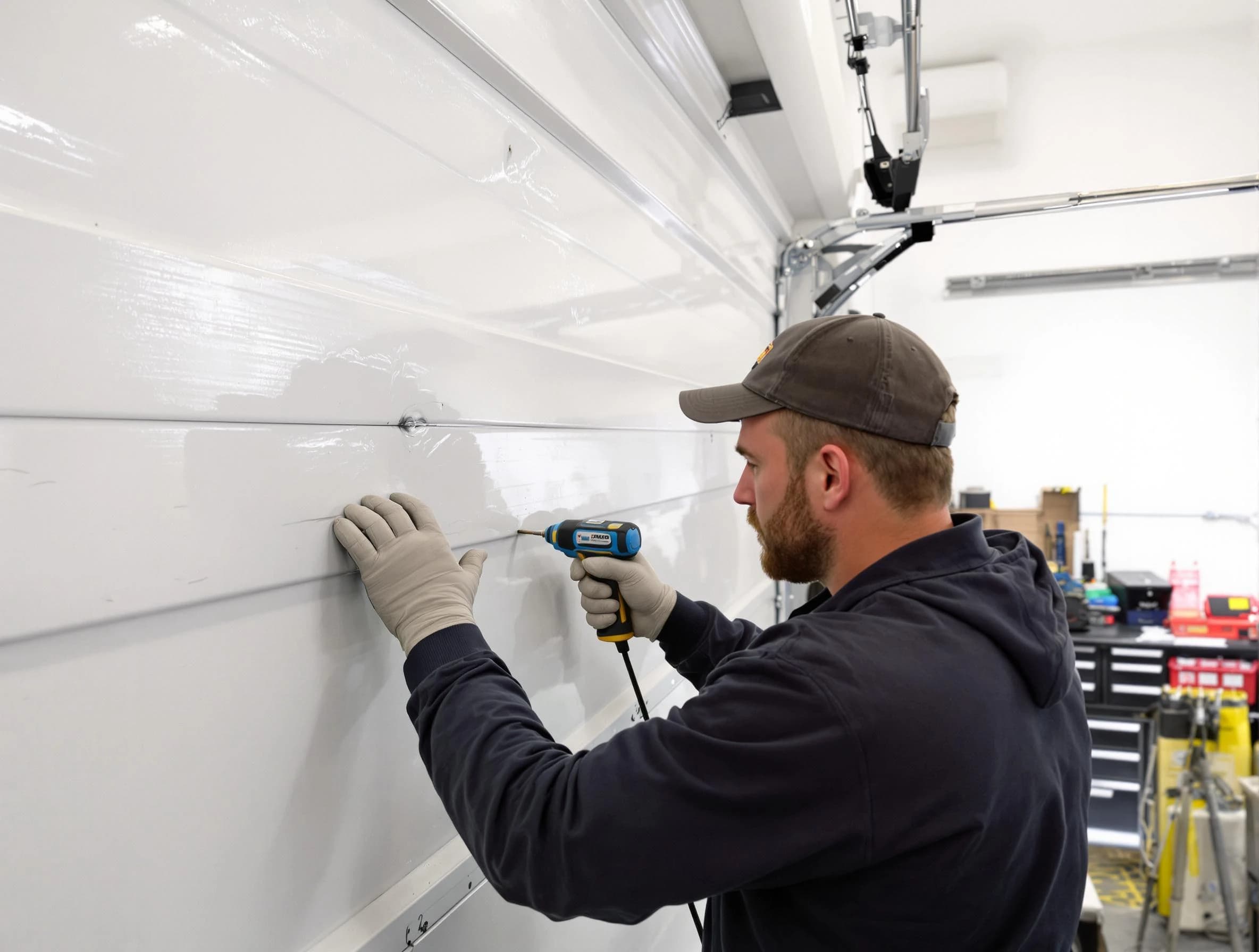 Trussville Garage Door Repair technician demonstrating precision dent removal techniques on a Trussville garage door